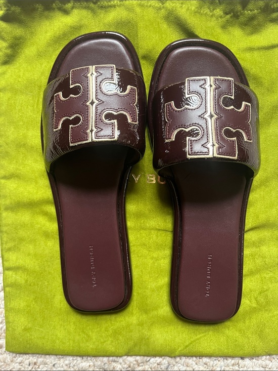 Tory Burch Shoes - Tory Burch Burgundy Patent Logo Slide Sandals